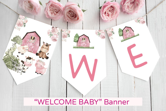 Floral Farm Welcome Baby Banner | Barnyard Girl Baby Shower Decorations - 11A