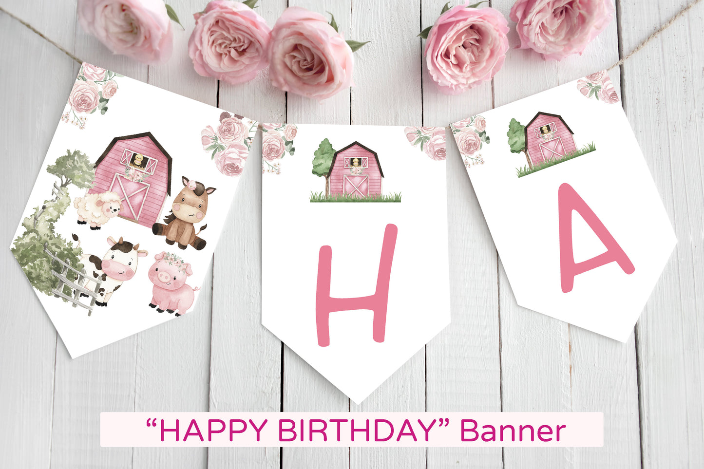 Pink Farm Happy Birthday Banner | Girl Barnyard Themed Party Decorations - 11A