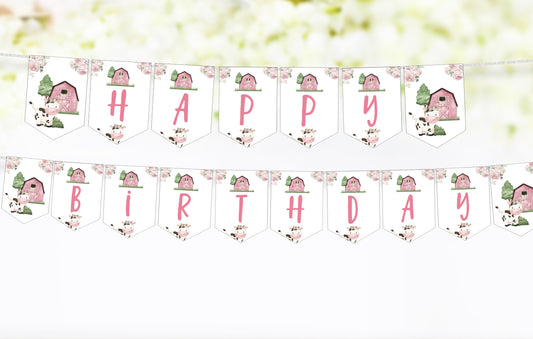 Cow Happy Birthday Banner | Girl Farm Party Printable Decorations - 11A