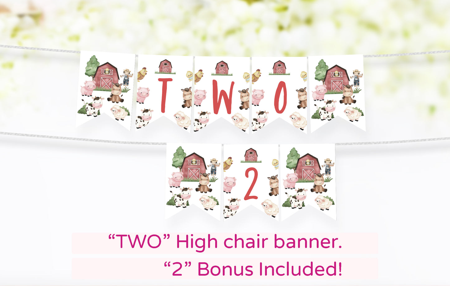 Farm TWO High Chair Banner | Barnyard 2nd Birthday Party Decorations - 11A