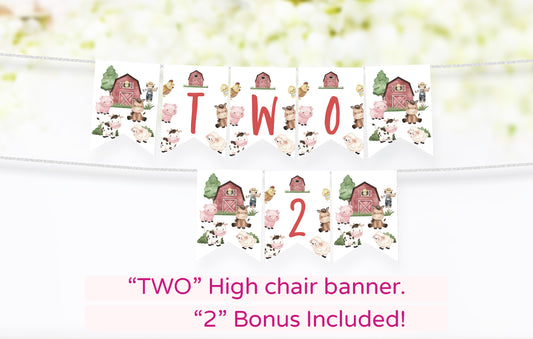 Farm TWO High Chair Banner | Barnyard 2nd Birthday Party Decorations - 11A