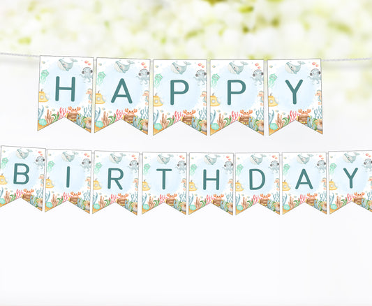 Under The Sea Happy Birthday Banner | Ocean Theme Printable Party Decorations - 44A