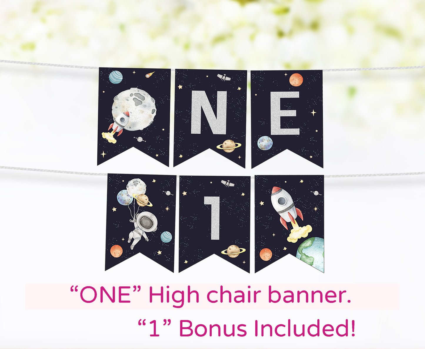 Space ONE Banner High Chair | Astronaut 1st Birthday Party Decorations - 39C