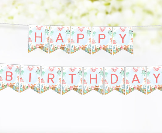 Girl Under The Sea Happy Birthday Banner | Ocean Theme Printable Party Decorations - 44A