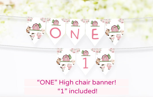 Girl Farm ONE High Chair Banner | Pink Barnyard 1st Birthday Party Decorations - 11A