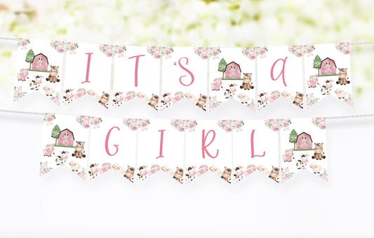 Floral Farm It's A Girl Banner | Barnyard Girl Baby Shower Decorations - 11A