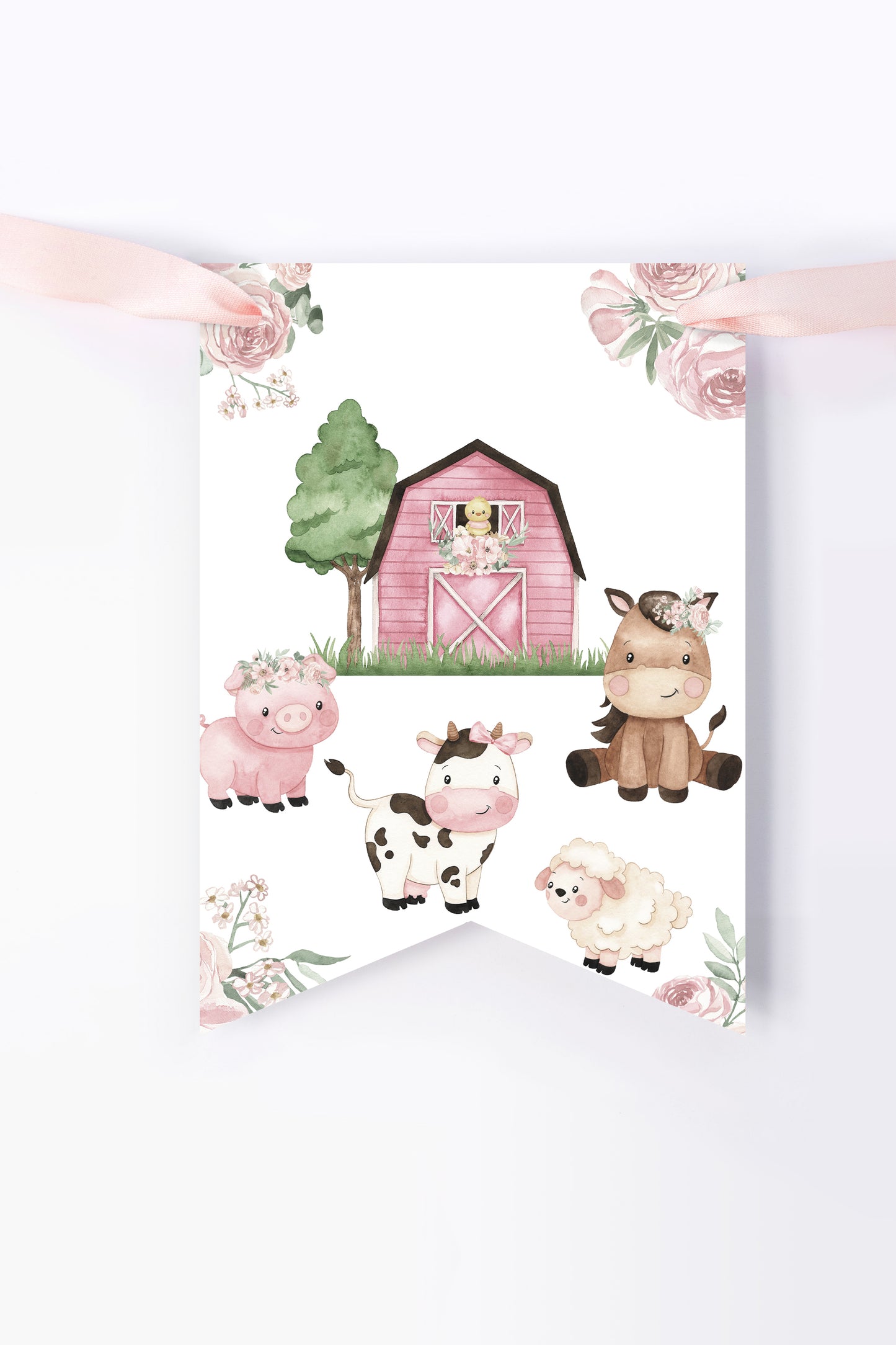 Editable Girl farm Banner | Pink Barnyard Party Decorations - 11a