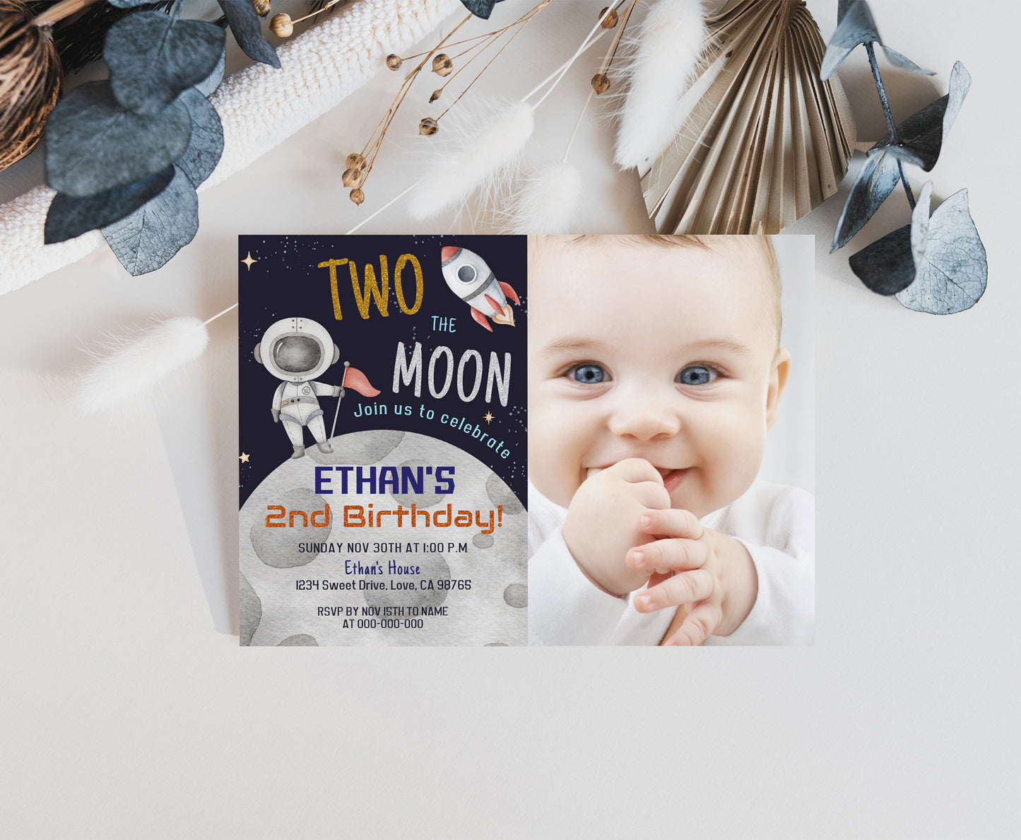 Two The Moon Space Photo Invitation | Editable Astronaut 2nd Birthday Invite - 39C