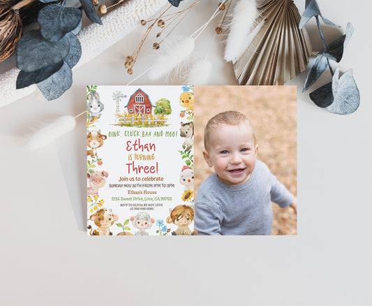 Editable Farm Photo Invitation | Red Barnyard Birthday Invite - 11D