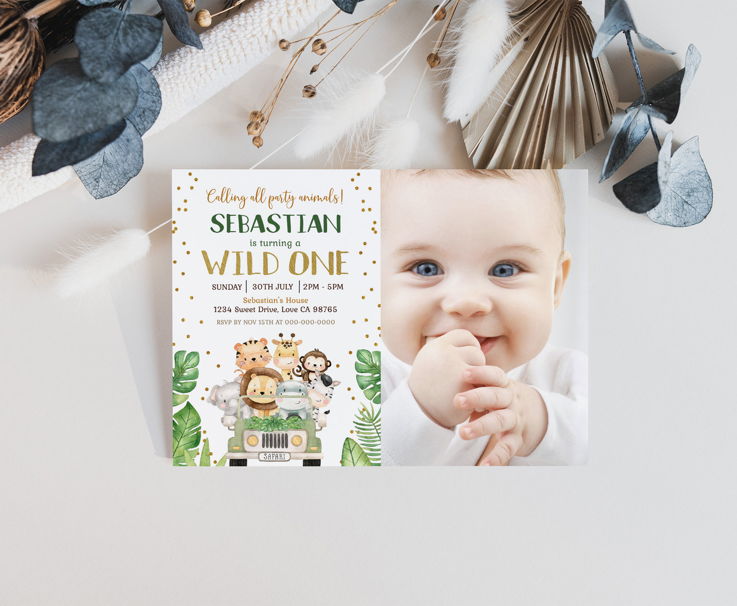 Editable Safari Photo Invitation | Jungle animals Birthday Invite - 35E