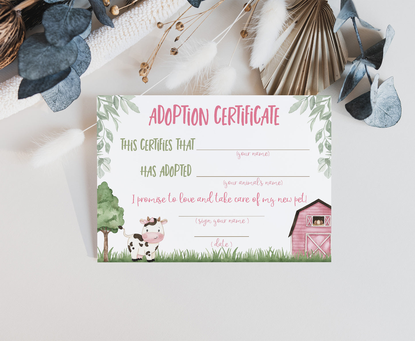 Cow Adoption certificate | Farm Birthday party- 11A