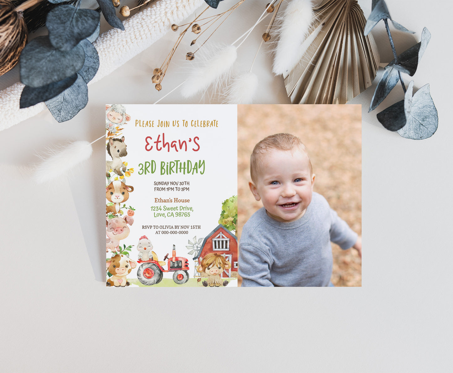 Editable Farm Animals Photo Invitation | Red Barnyard Birthday Invite - 11D