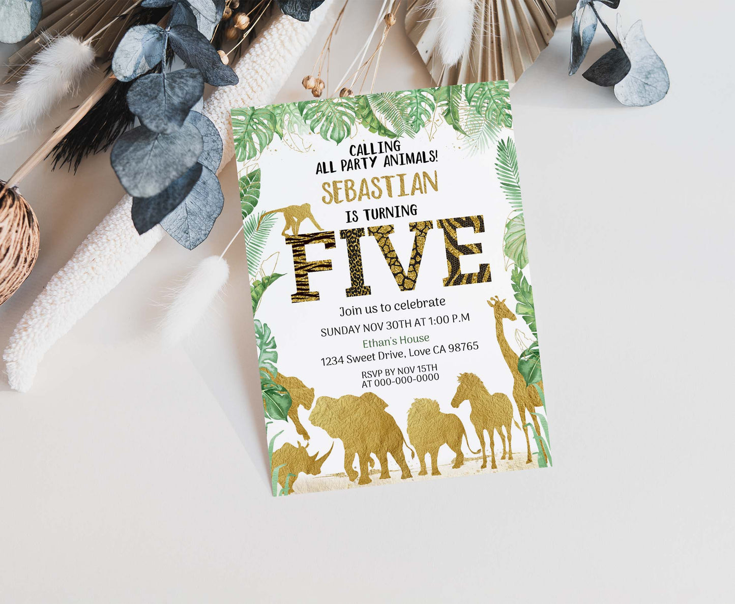 Gold Safari Animals 5th Birthday Invitation | Editable Five Birthday Invite - 35K