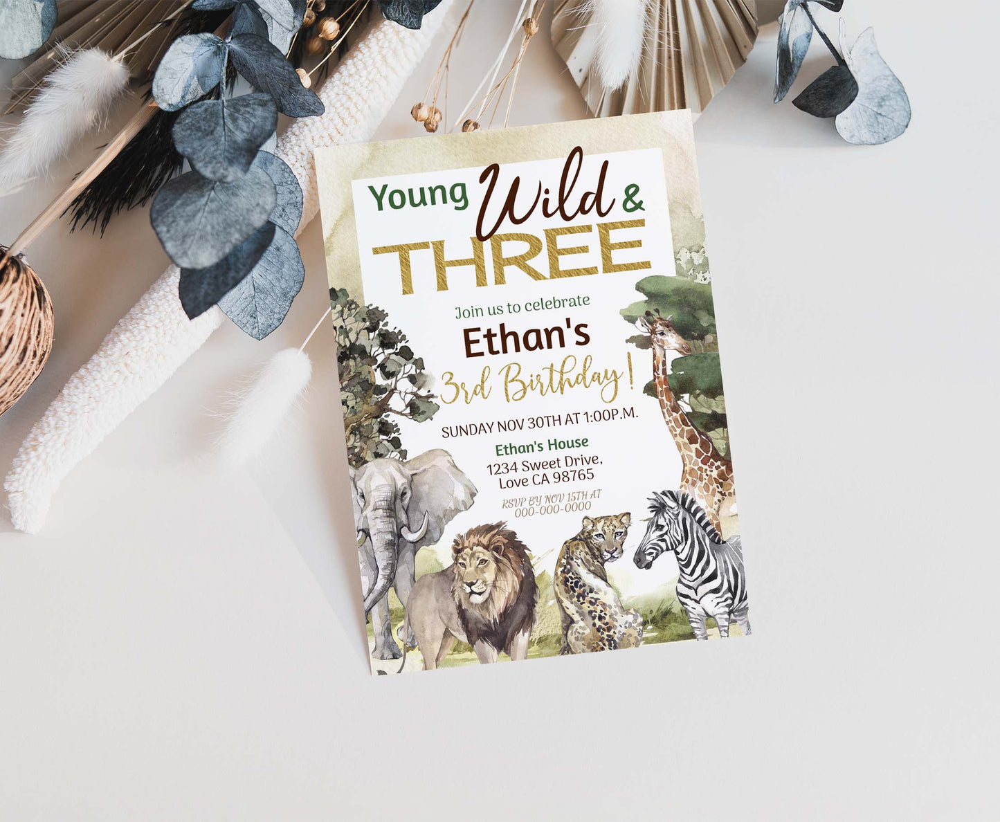 Young wild and three Birthday Invitation | Safari 3rd birthday Party Invite - 35I