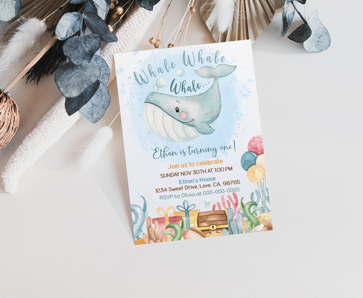 Editable Under The Sea Birthday Invitation Boy | Whale Party Invite - 44A