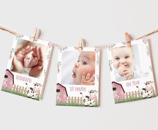 Editable Cow Monthly Photo Milestone Banner | Floral Farm 1st Birthday Decorations - 11A