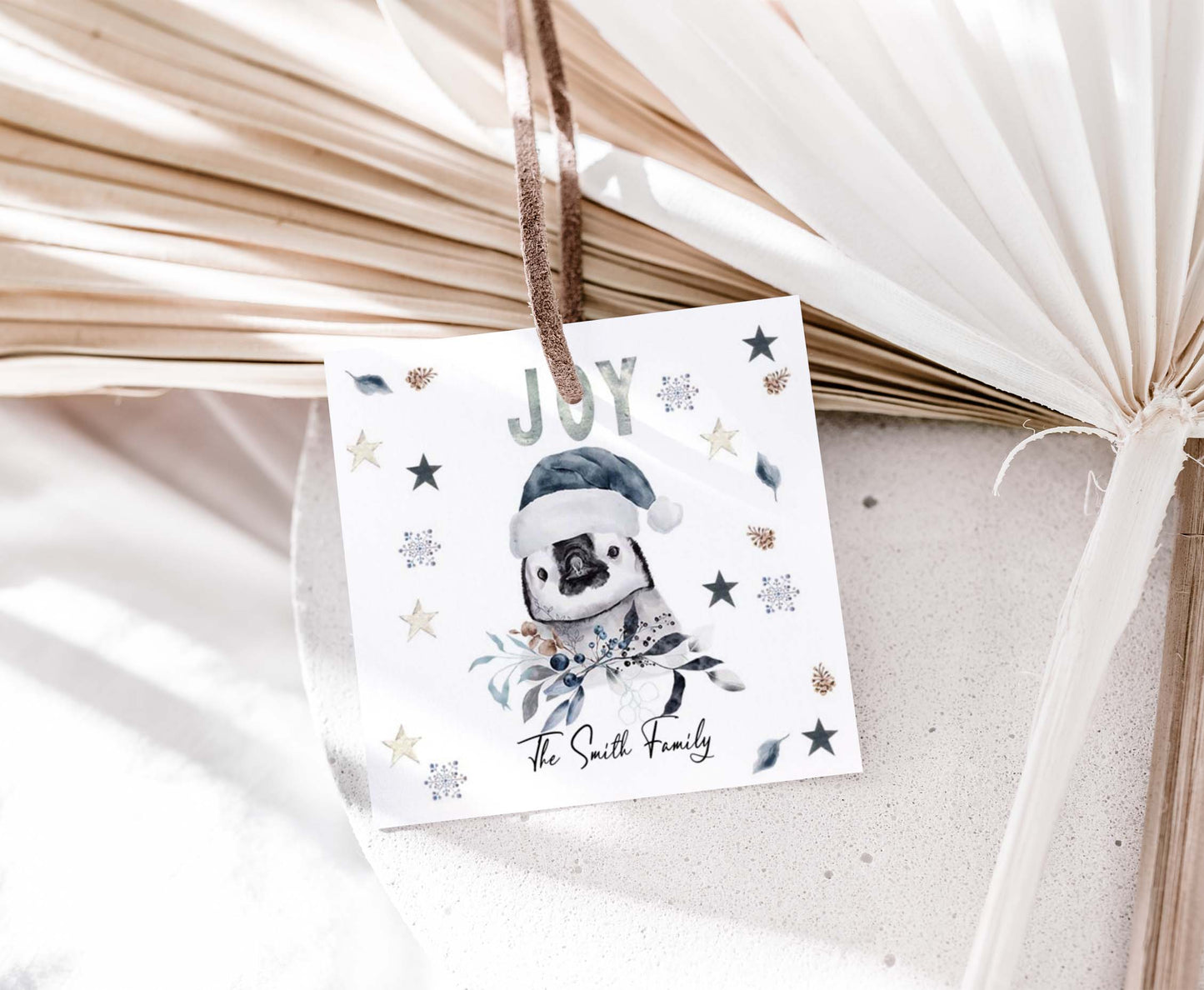Joy Merry Christmas 2"x2" Tag | Editable Penguin Christmas Gift Tag - 112