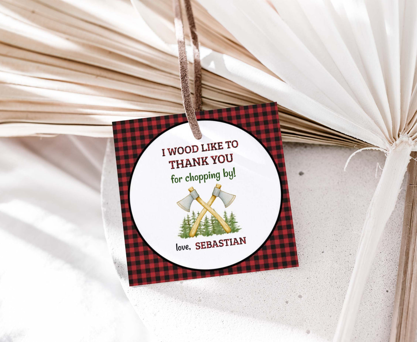Editable Lumberjack Thank You Tags 2"x2" Round and Square | Lumberjack Birthday Party Decorations - 19A