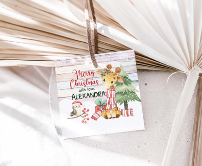 Merry Christmas  2"x2" Tag round and square | Editable Jiraffe Christmas Gift Tag - 112