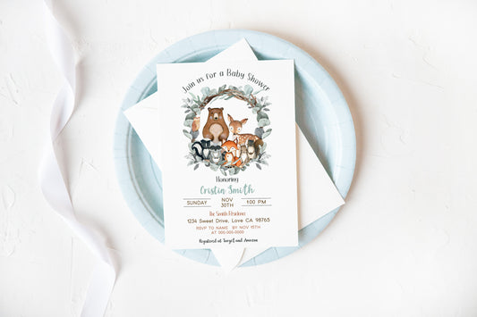 Eucalyptus Woodland Baby Shower Invitation | Editable Greenery Woodland Baby Shower Invite - 47J1