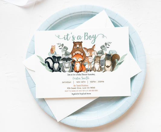 Eucalyptus Woodland Baby Shower Invitation | Editable Greenery Woodland Baby Shower Invite - 47J1