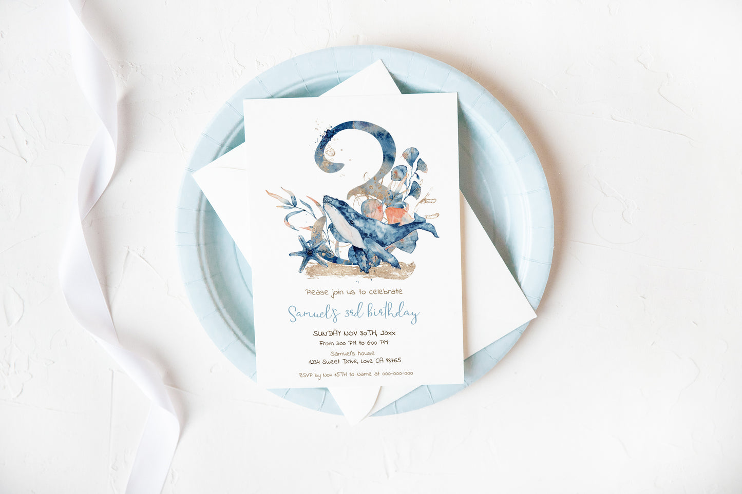 Whale third Birthday Invitation | Editable Under the sear Invite - 44C