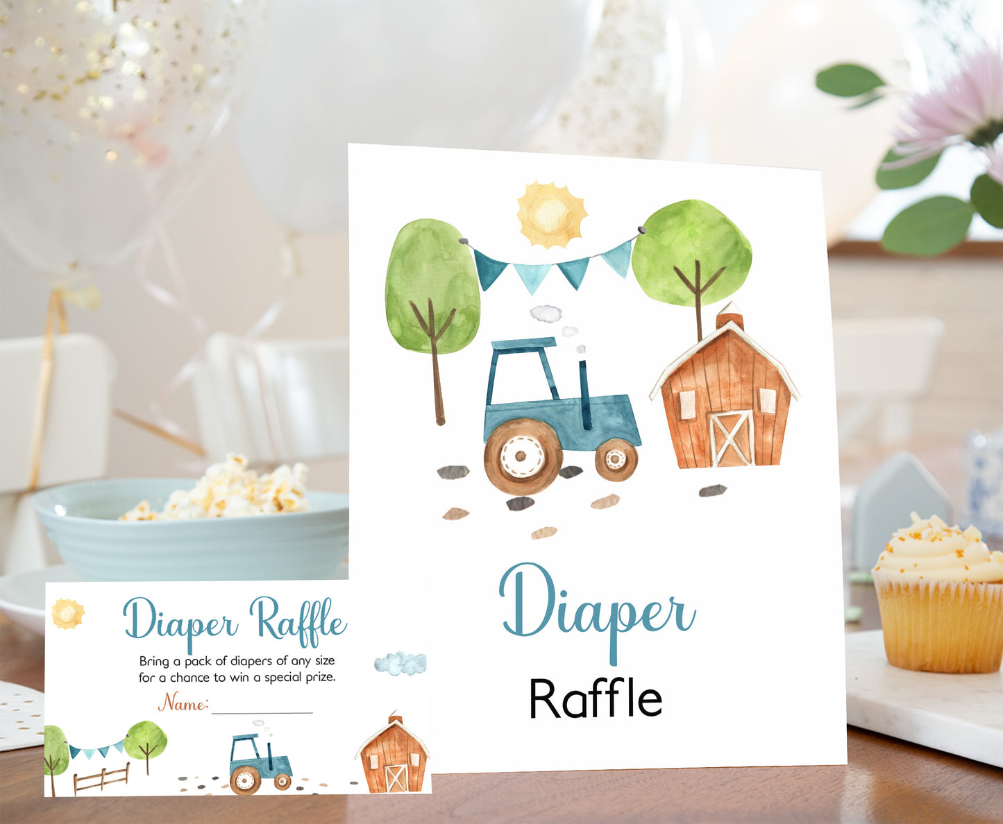 Tractor Diaper Raffle Sign and Ticket Card | Farm Baby Shower Game Printable - 11F