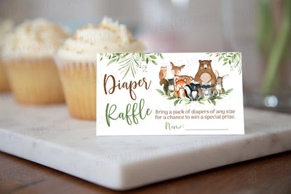 Woodland Diaper Raffle Sign and Ticket Card | Forest Animals Baby Shower Game Printable - 47J0