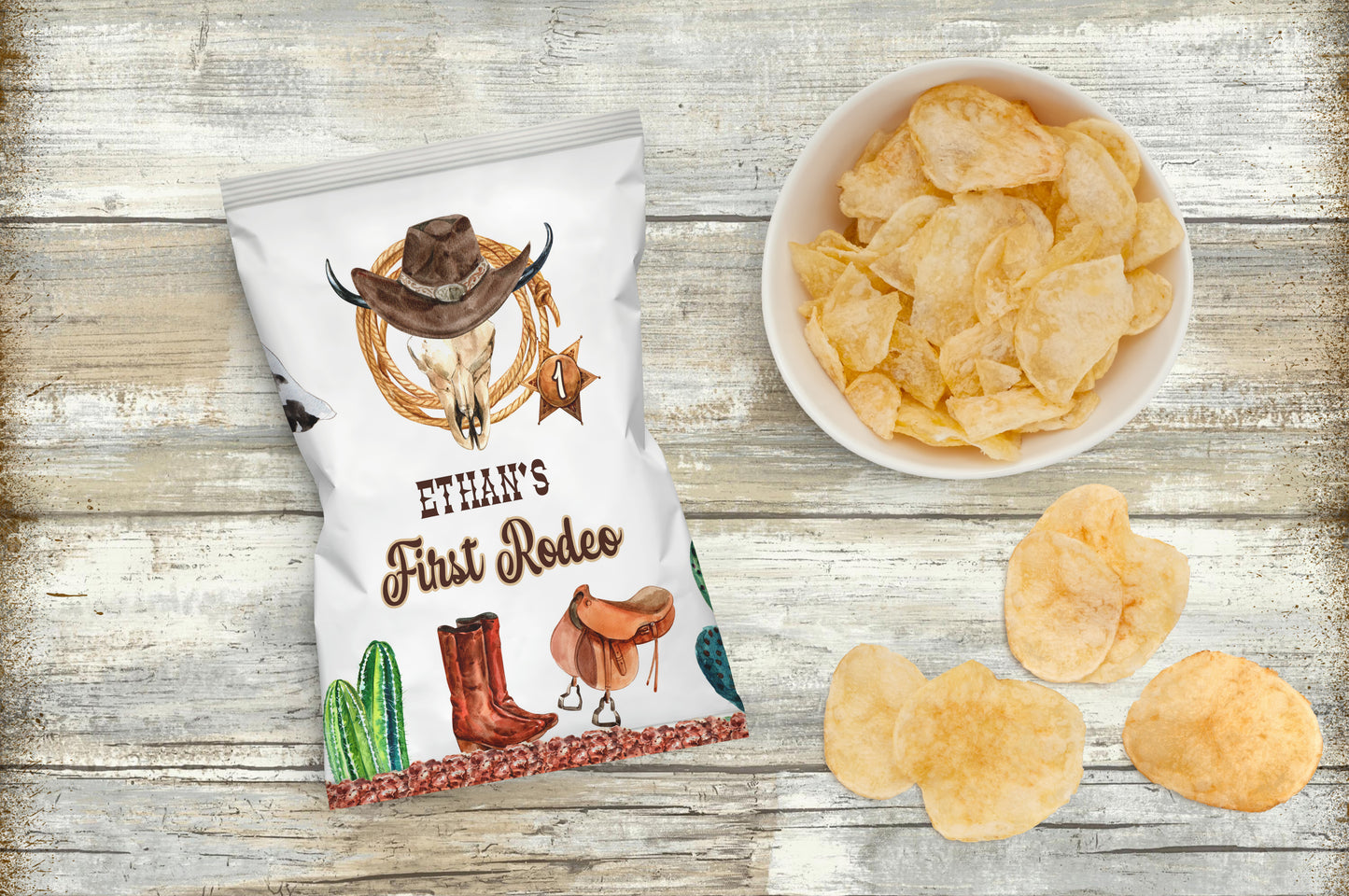 Editable My first rodeo  Chip Bag Wrapper | Cowboy Theme Birthday Party Decorations - 34A