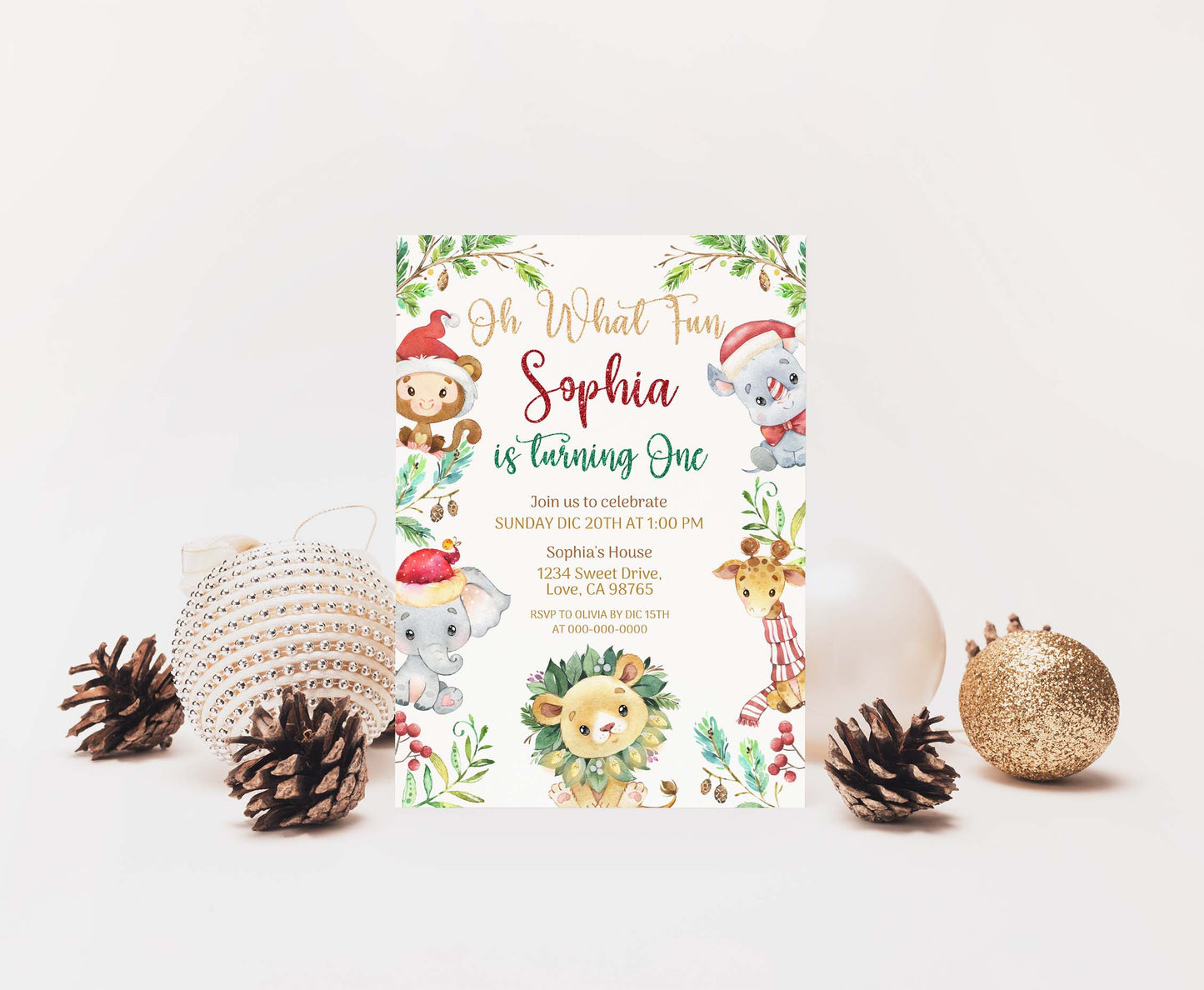 Safari Christmas party invitation | Editable Holiday birthday party invite - 112C