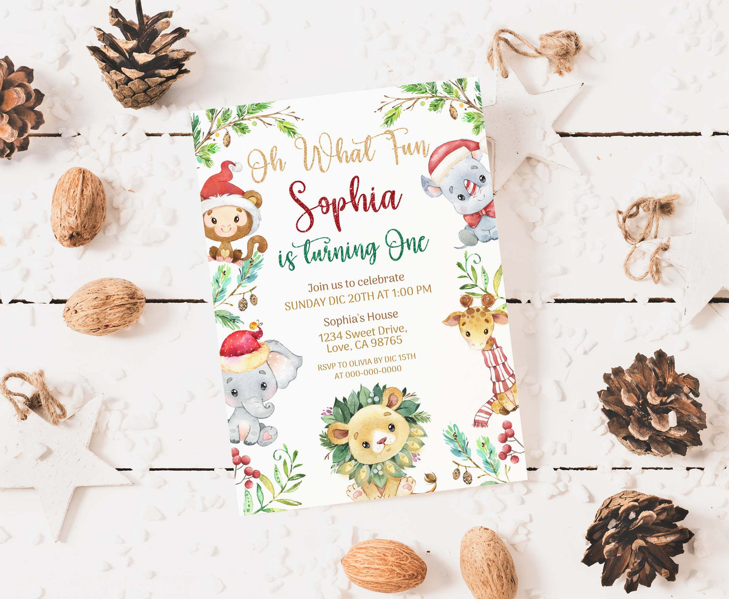 Safari Christmas party invitation | Editable Holiday birthday party invite - 112C