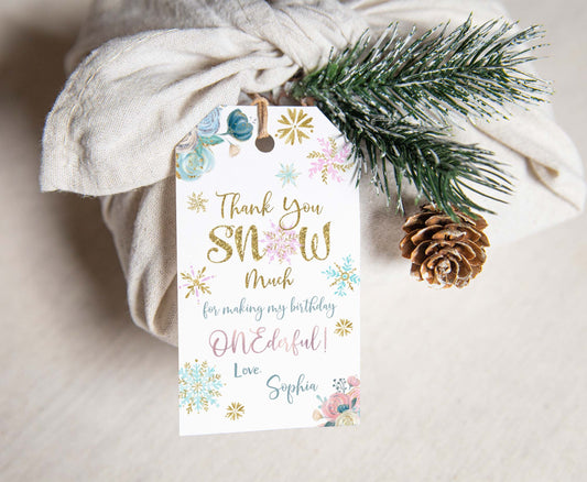 Editable Thank You Snow Much Tags | Winter  Girl 1st Birthday Party Favor Tags - 46A