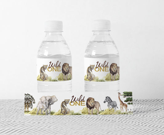 Wild One Safari Water Bottle Labels | Safari First Birthday Party Decorations - 35I