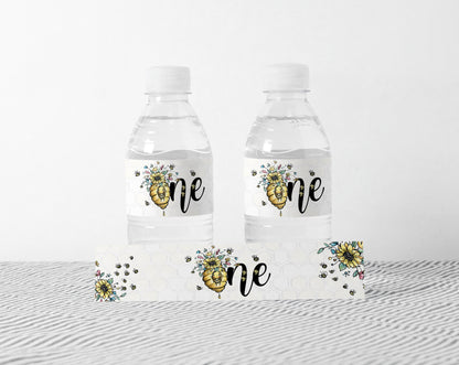Bee First Birthday Water Bottle Labels | Bumble Bee Theme Party - 61A