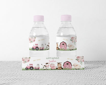 Editable Farm Water Bottle Label Girl | Pink Barnyard Birthday Decorations - 11A
