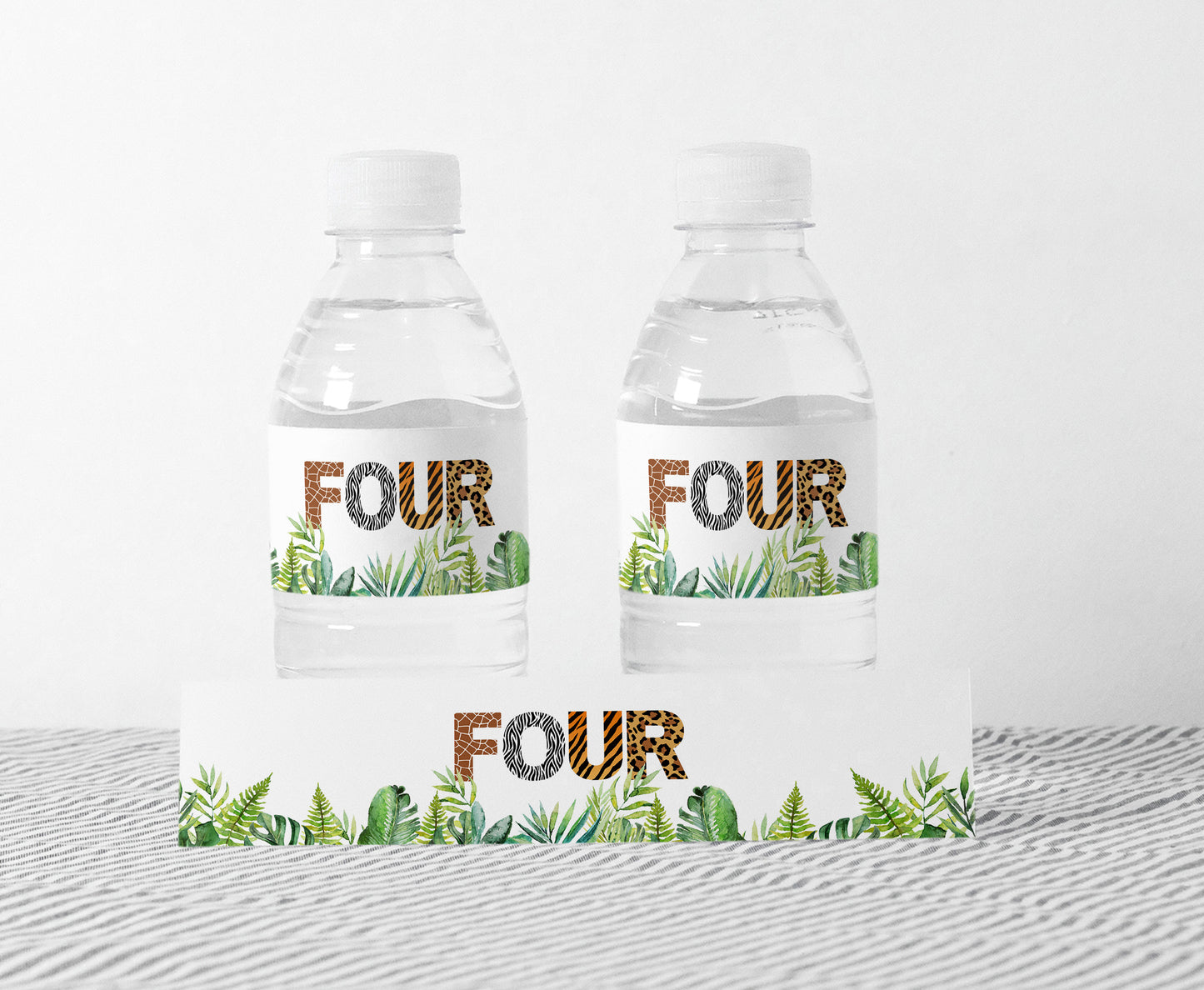 Four Safari Water Bottle Labels Animal Print | Jungle 4th Birthday Party Decorations - 35H