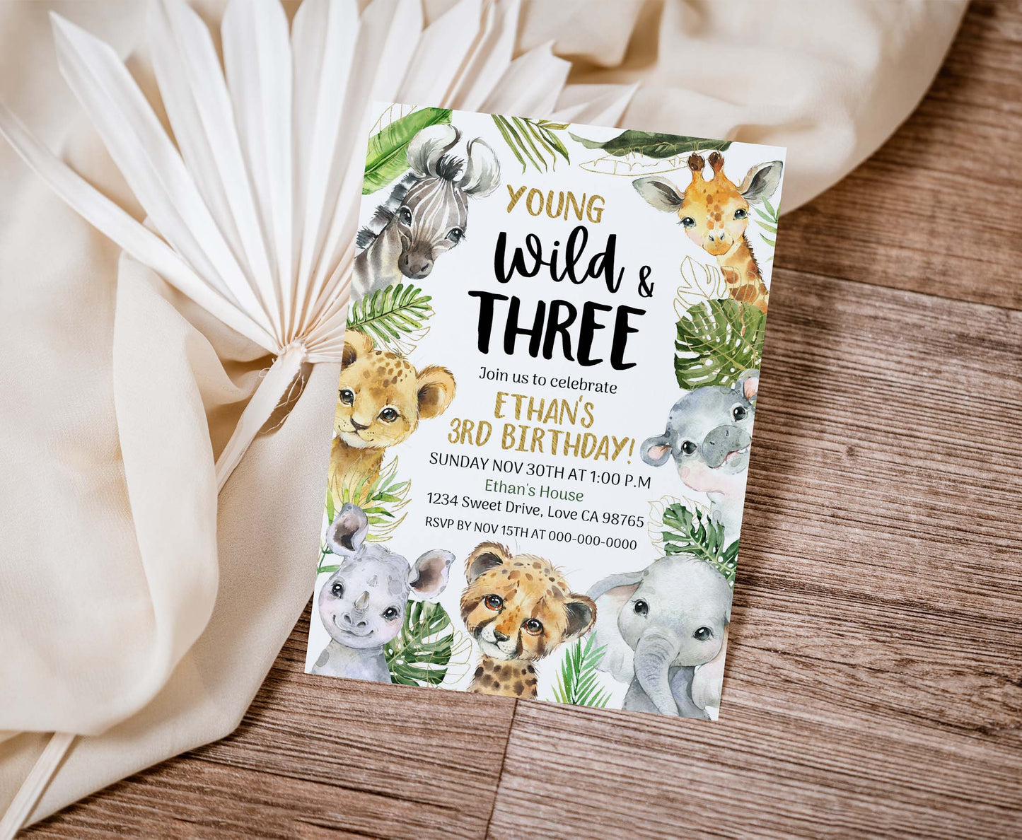 Wild and Three Safari Invitation | Editable Jungle 3rd Birthday Invite - 35A