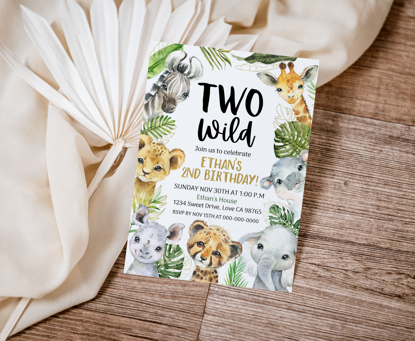 Two Wild Safari Invitation | Editable Jungle Animals 2nd Birthday Invite - 35A