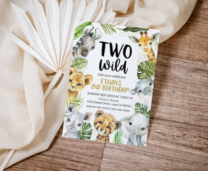 Two Wild Safari Invitation | Editable Jungle Animals 2nd Birthday Invite - 35A