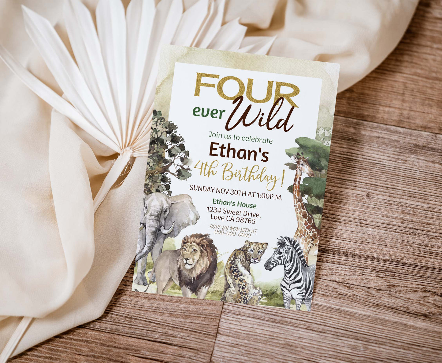 Four ever wild Birthday Invitation | Safari 4th birthday Party Invite - 35I