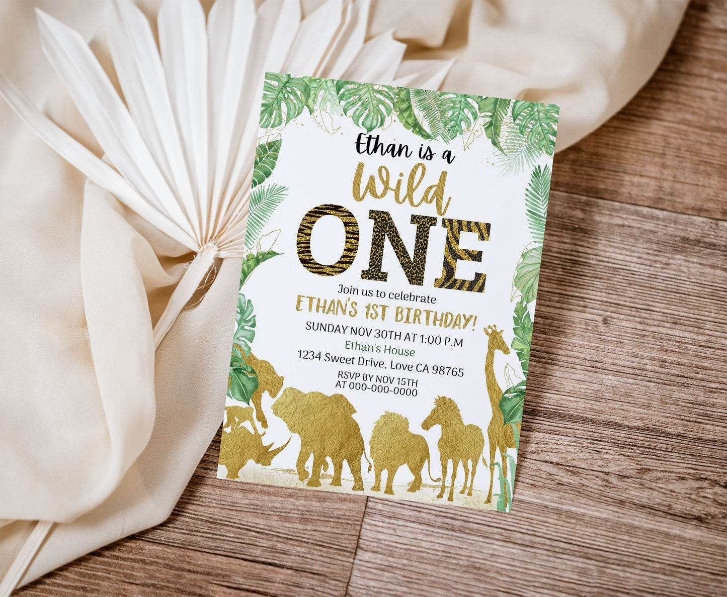 Gold Safari Animals 1st Birthday Invitation | Editable Wild One Birthday Invite - 35K