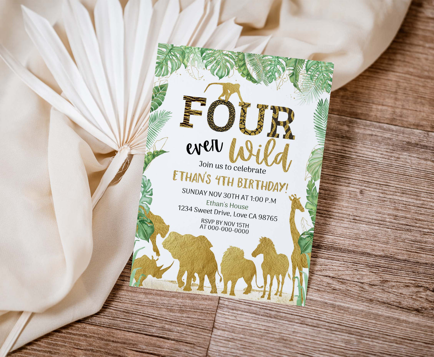 Four Ever Wild Birthday Invitation | Editable safari 4th Birthday Invite - 35K