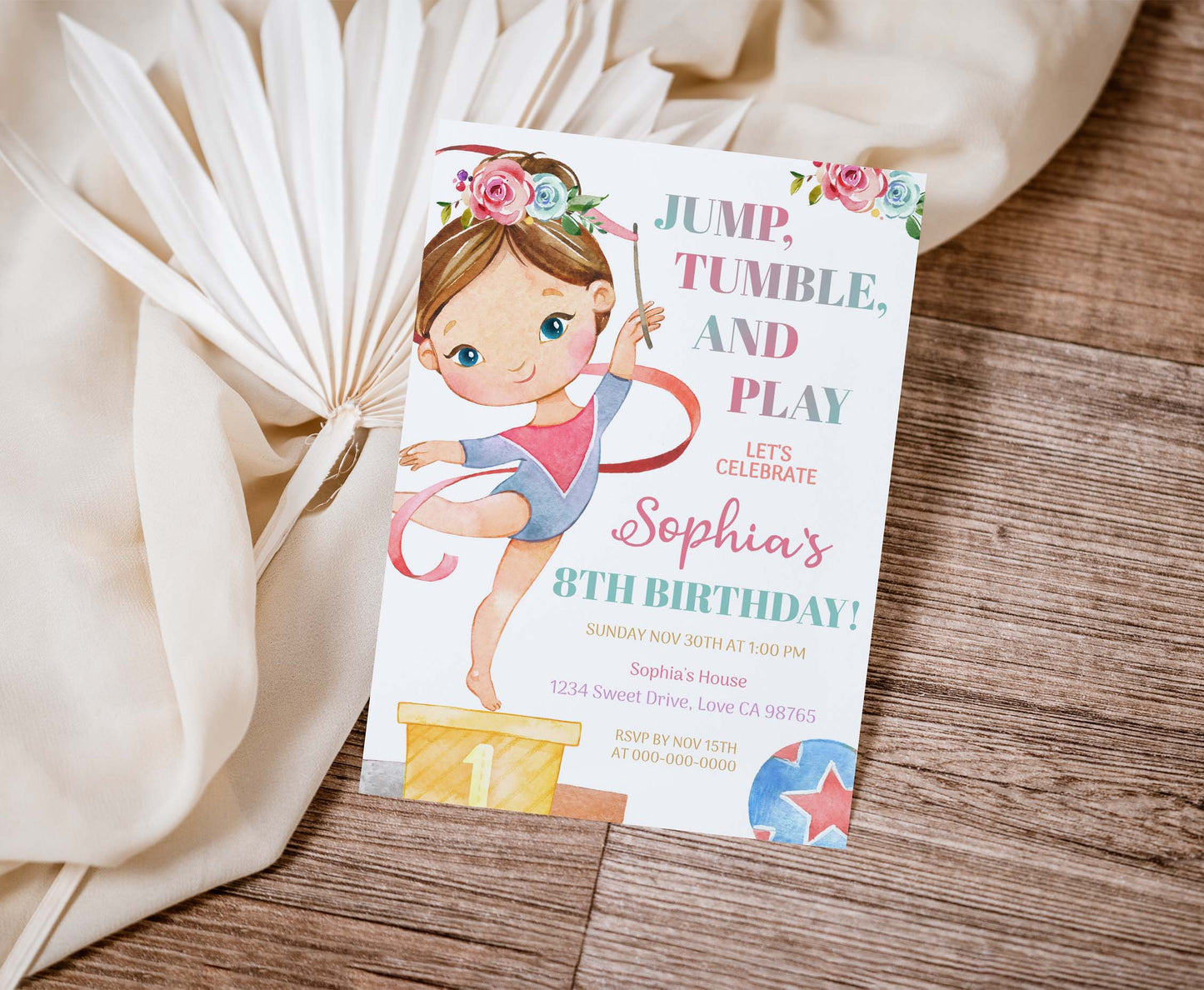 Editable Gymnastic Birthday Invitation Girl | Floral Gymnastic Party Invite - 99A