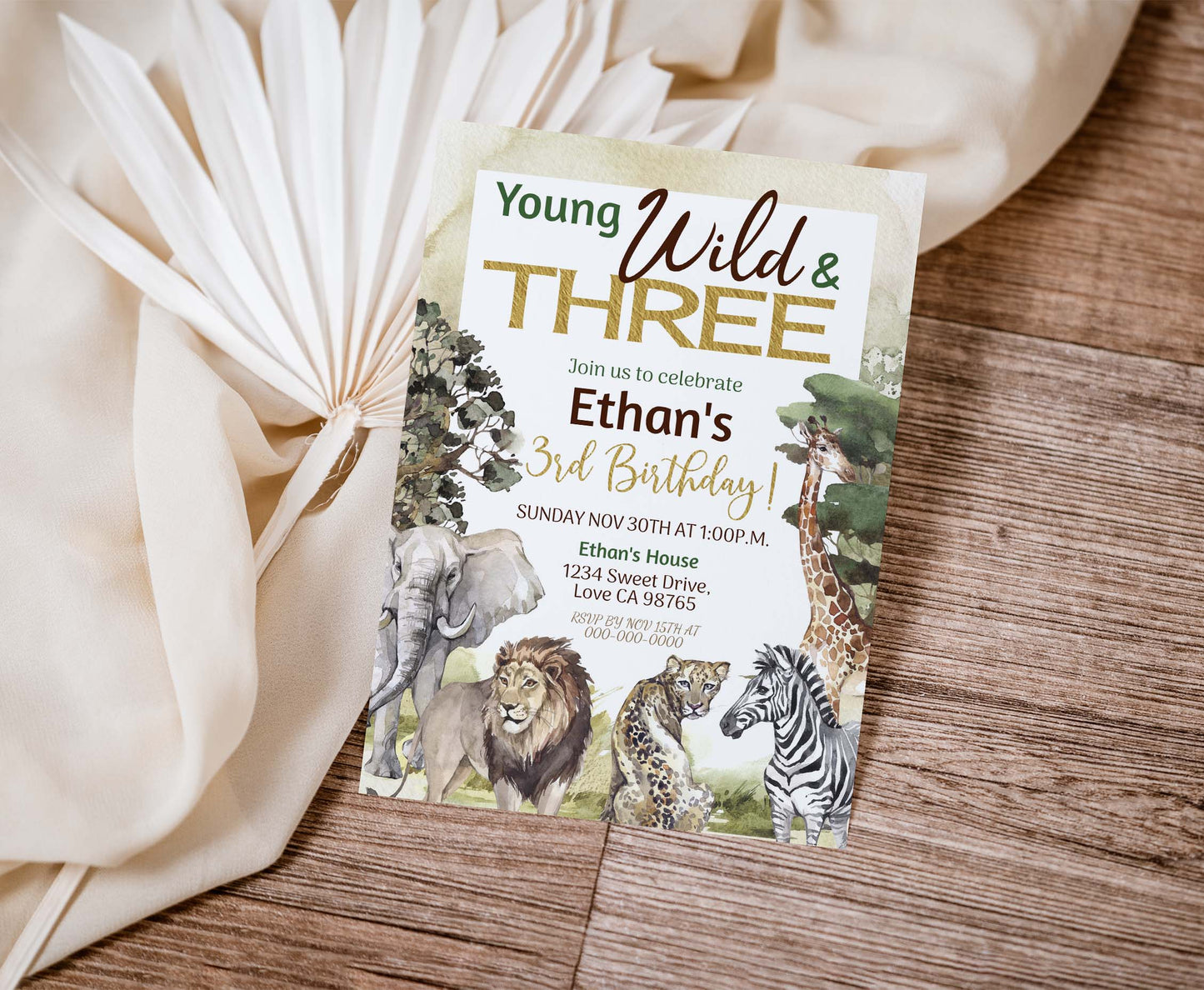 Young wild and three Birthday Invitation | Safari 3rd birthday Party Invite - 35I