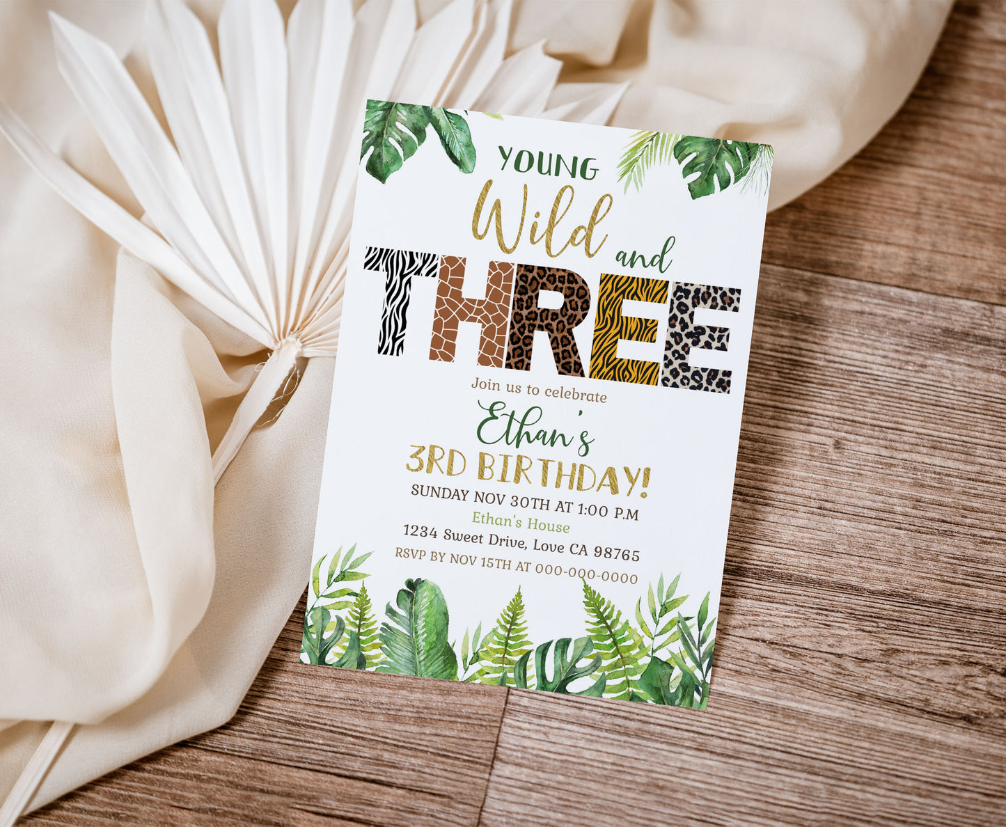 Young Wild And Three Animal Print Invitation | Editable Safari 3rd Birthday Invite - 35H