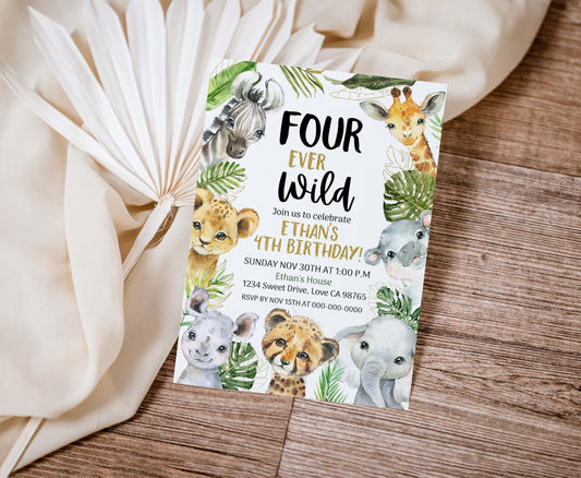 Four Ever Wild Safari Invitation | Editable Jungle 4th Birthday Invite - 35A