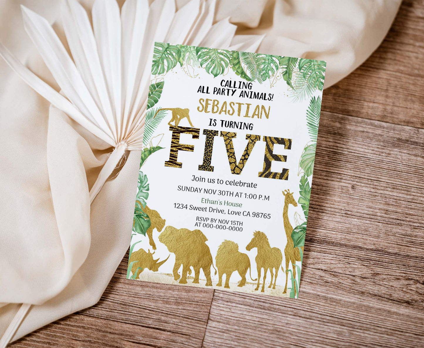 Gold Safari Animals 5th Birthday Invitation | Editable Five Birthday Invite - 35K