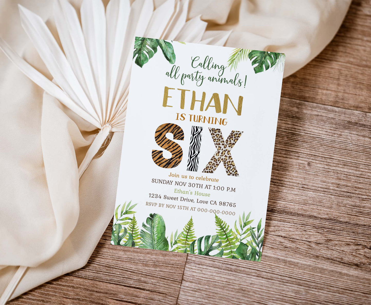 Six Birthday Invitation Animal Print | Safari 6th Birthday Invite - 35H