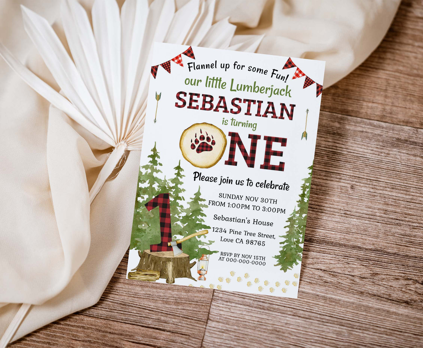 Lumberjack First Birthday Invitation | Editable Buffalo Plaid Invite - 19A