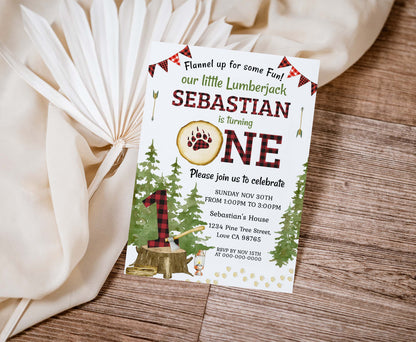 Lumberjack First Birthday Invitation | Editable Buffalo Plaid Invite - 19A